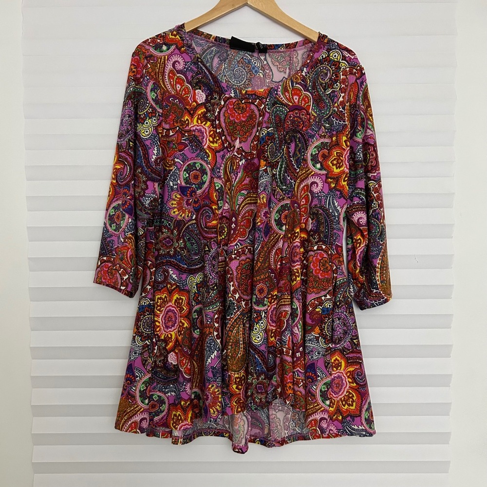 Attitudes by Renee Womens 1X Paisley Print 3/4 Sleeve Tunic Top Multi Color Boho